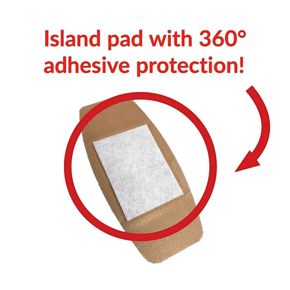 Closeup of SH School Health bandages on packaging, highlighting secure adhesive and flexible pad.