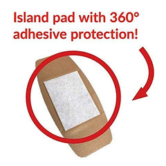 Close-up of SH School Health bulk bandages showing absorbent pad and flexible adhesive for everyday wound care.