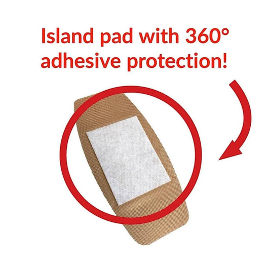 SH School Health flexible plastic bandage close-up shows secure coverage.