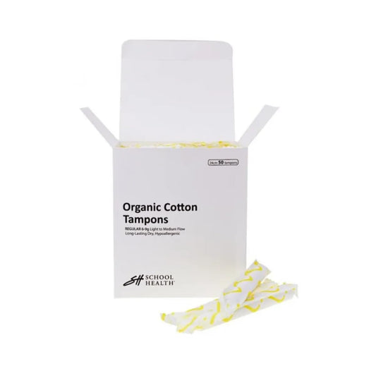 SH School Health tampons with cardboard applicator illustrate easy insertion and removal
