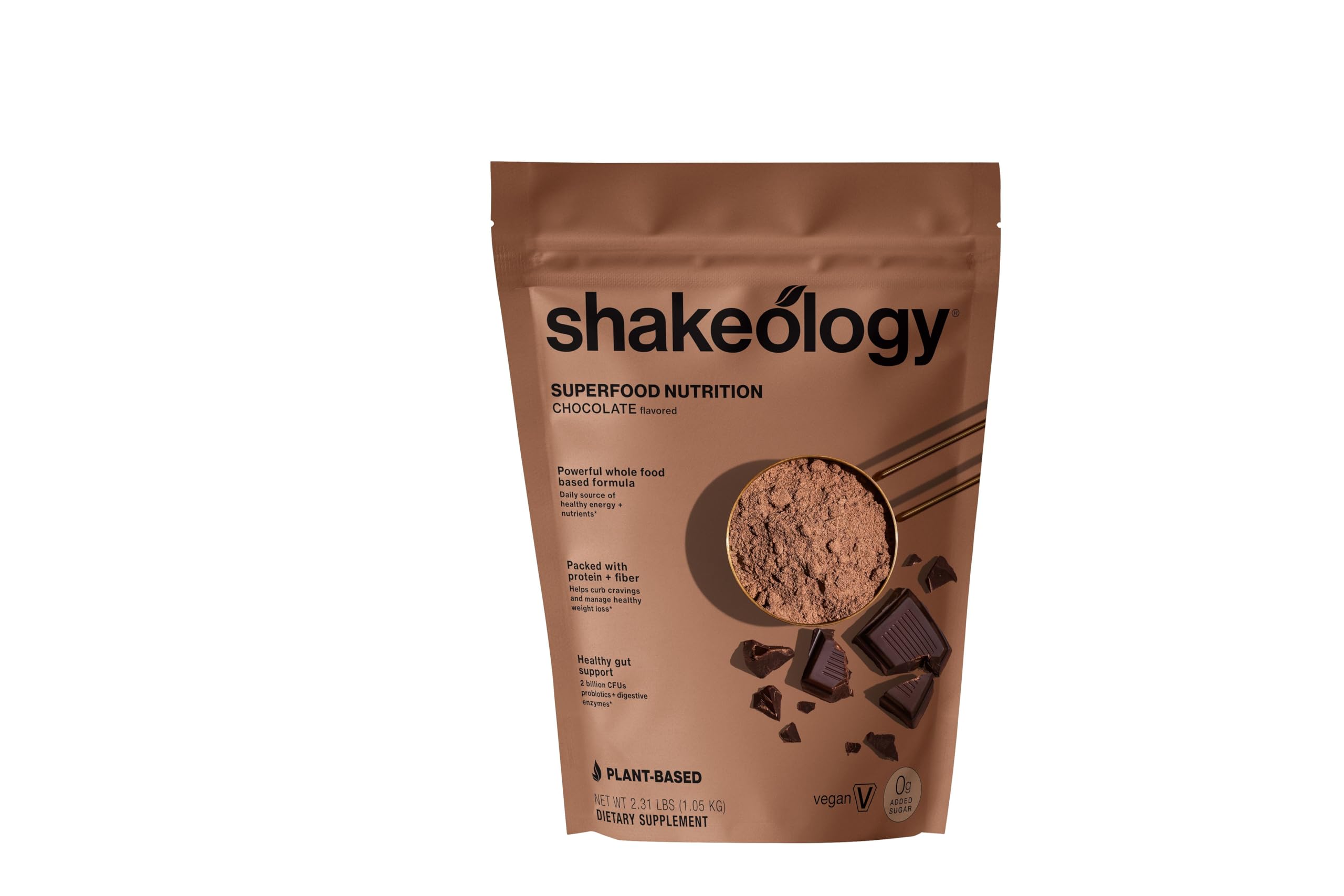 Shakeology 0g added sugar chocolate bottle shows a sugar-free protein option for weight control.