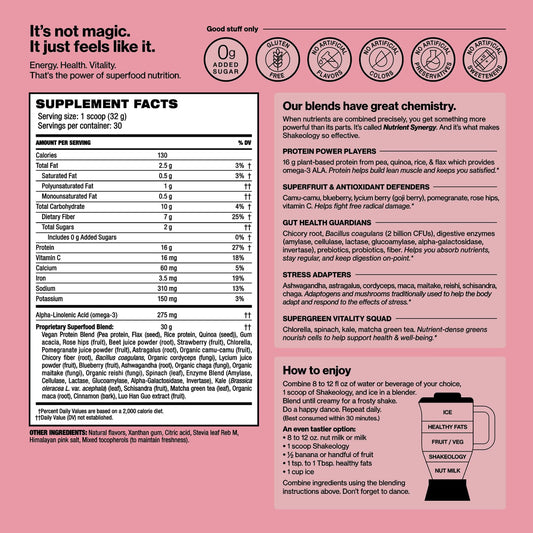 Shakeology tropical strawberry powder scoop showing 16g protein for post-workout recovery
