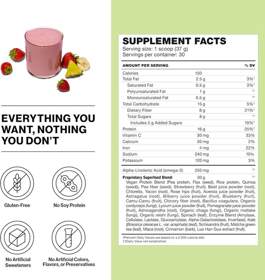 Shakeology Tropical Strawberry scoop highlights plant-based protein for appetite control.