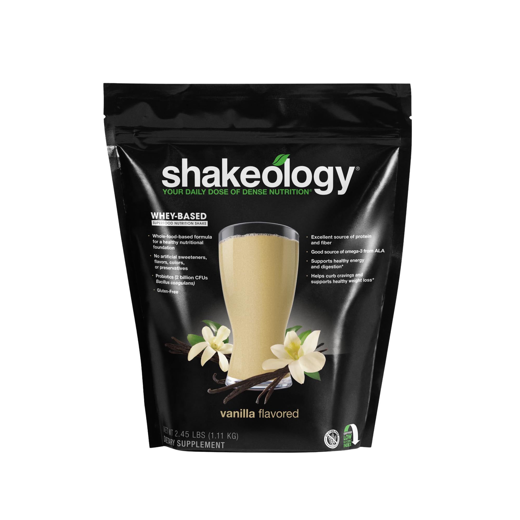 Shakeology Vanilla whey protein bottle highlighting a gluten-free superfood blend for daily use.