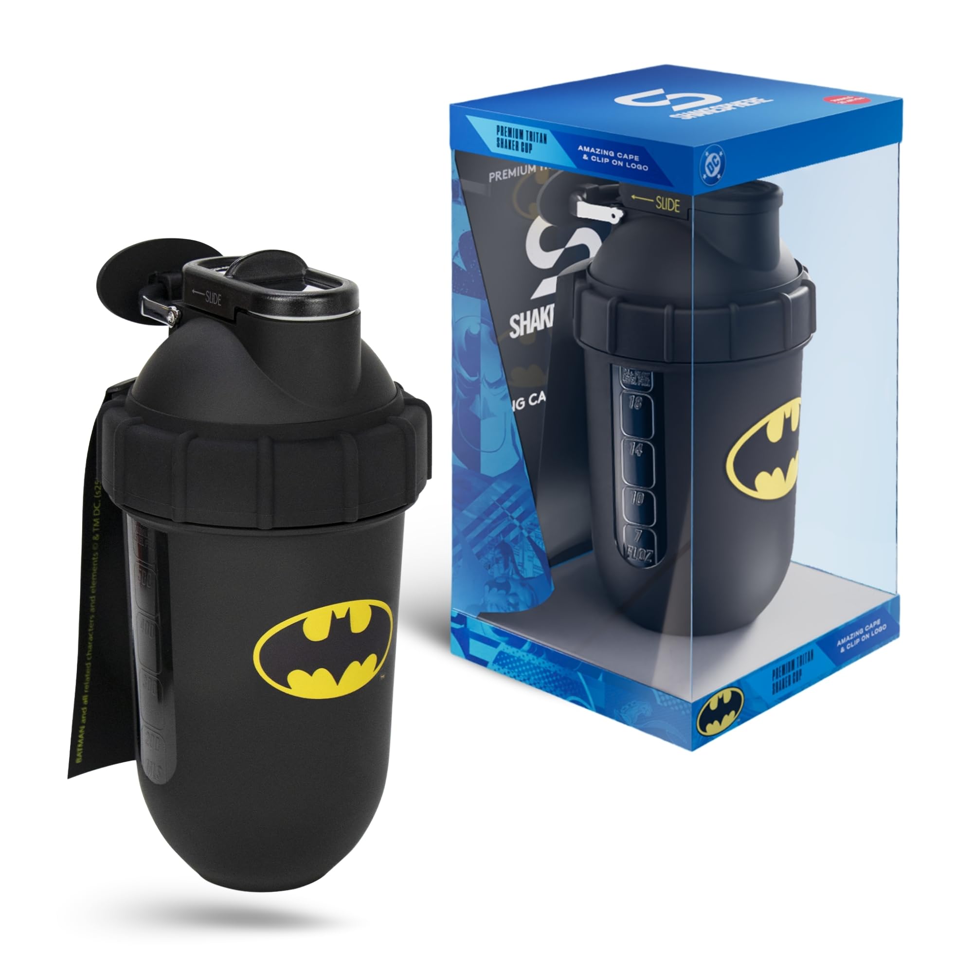 SHAKESPHERE Batman Edition shaker with embossed bat emblem for collectors and daily shakes.