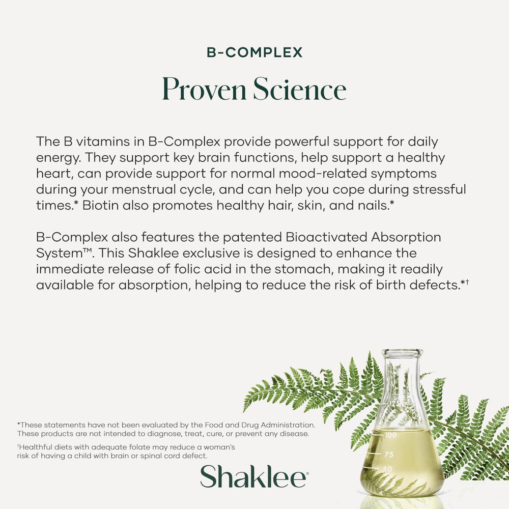 Shaklee B-Complex packaging card with dosage and benefits.