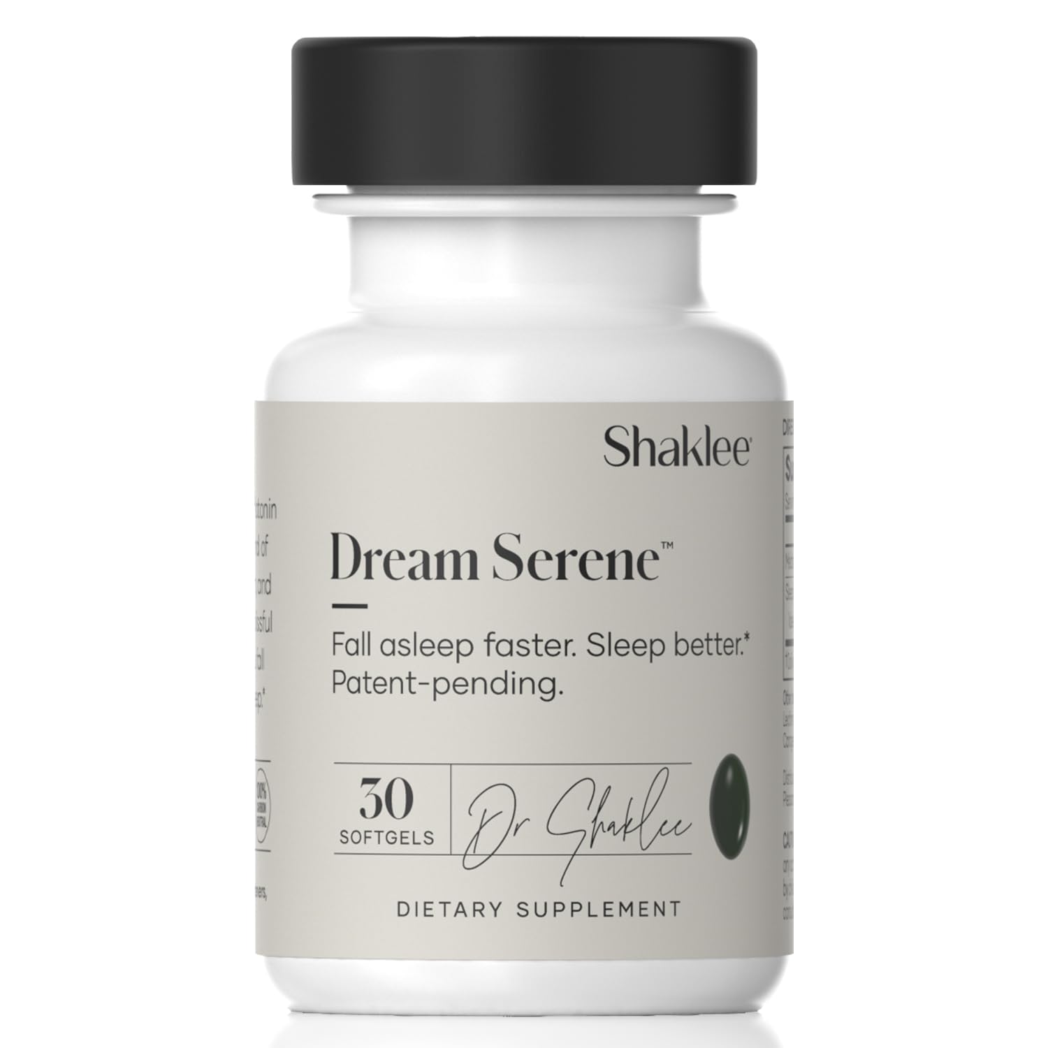 Shaklee Dream Serene melatonin softgel bottle on nightstand for restful nights