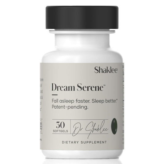 Shaklee Dream Serene melatonin softgel bottle on nightstand for restful nights