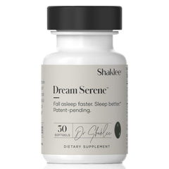 Shaklee Dream Serene melatonin softgel bottle on nightstand for restful nights