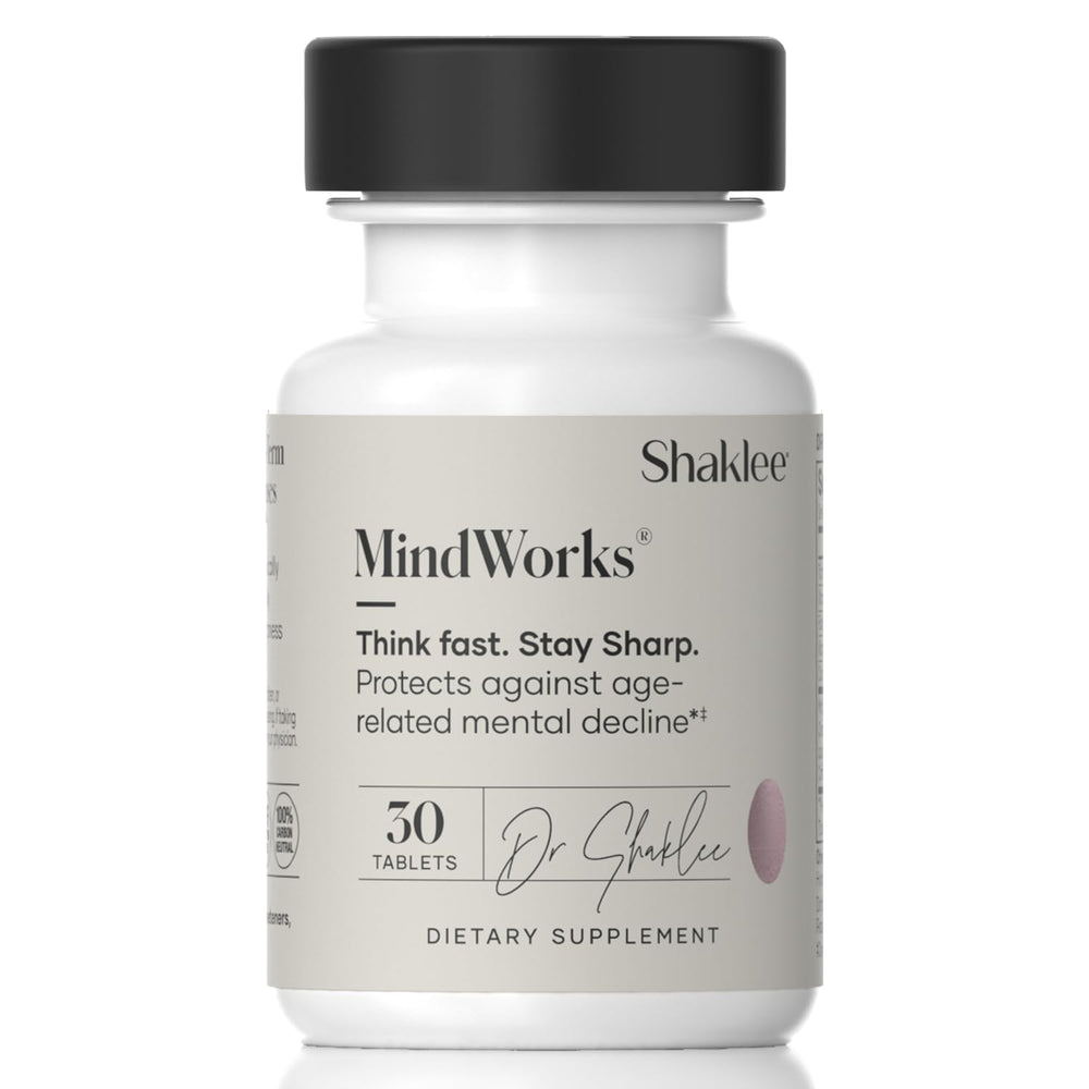 Shaklee MindWorks bottle front close-up highlighting daily cognitive support