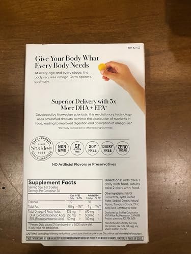 Shaklee Omega-3 Gellys bottle back showing serving guidance and nutrition notes.
