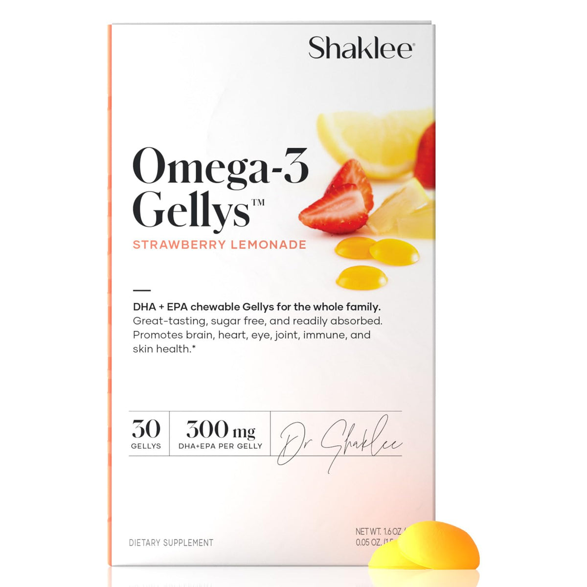 Shaklee Omega-3 Gellys bottle front with strawberry lemon gummies, a convenient daily omega-3 option.