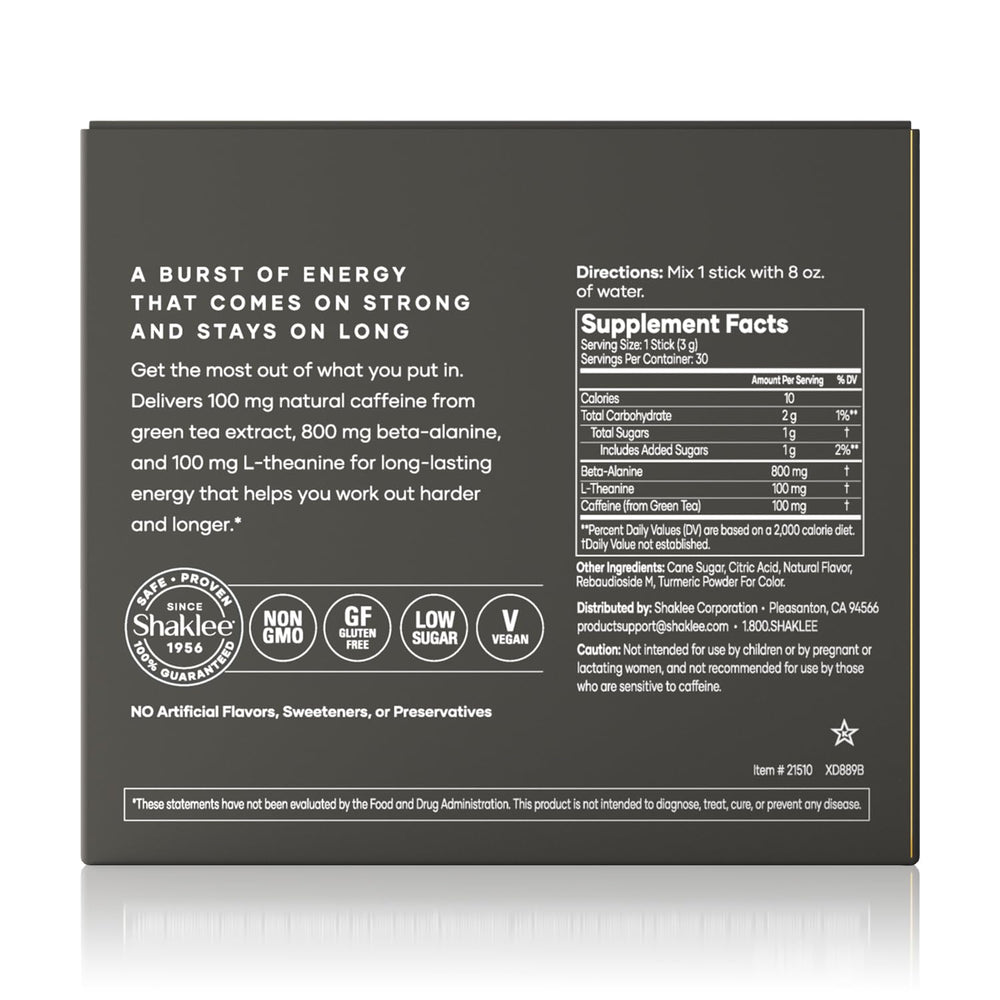 Shaklee lemon pre-workout stick-pack close-up for on-the-go energy