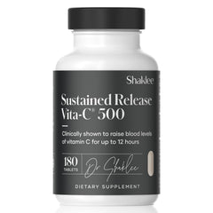 Shaklee Sustained-Release Vita-C 500mg bottle shown for daily immune support and steady vitamin C release.