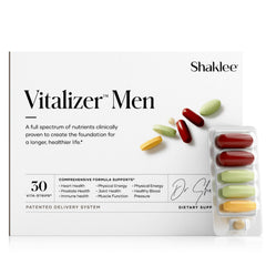 Shaklee Vitalizer Men pack front image showing a complete daily wellness routine for energy