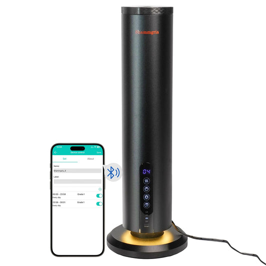 Shammgria air diffuser front view with matte black finish for modern spaces and fragrance diffusion.