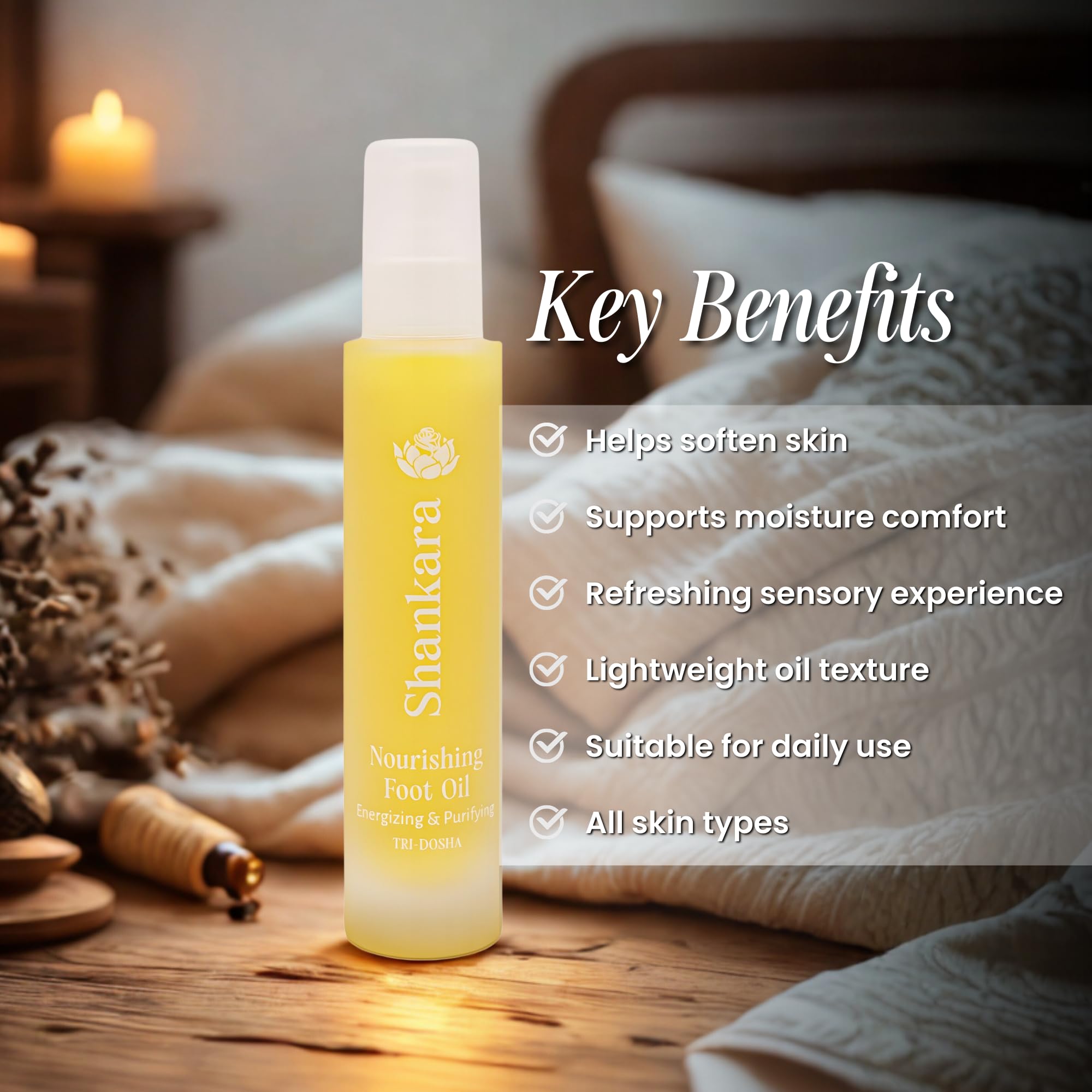 Shankara Nourishing Foot Oil ginger-camphor aroma for an invigorating feel.
