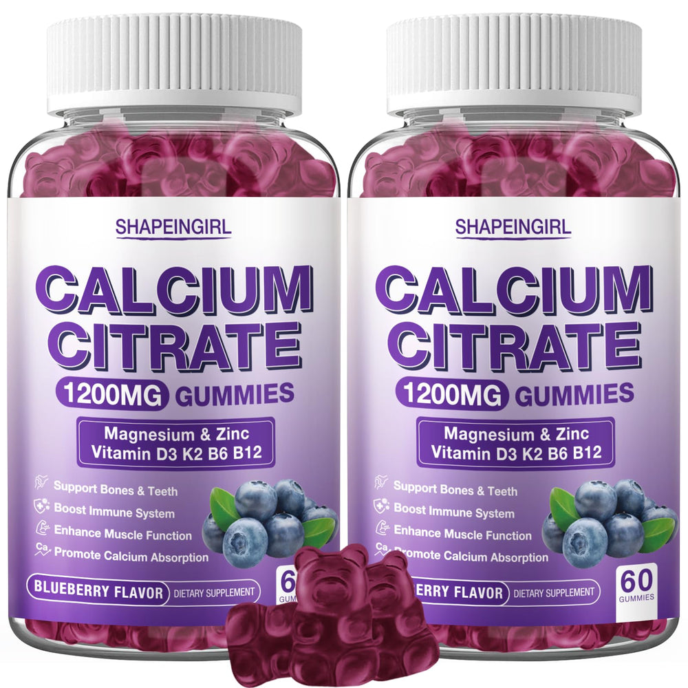 Shapeingirl 1200mg calcium citrate gummies blueberry bottle for daily bone and muscle support.
