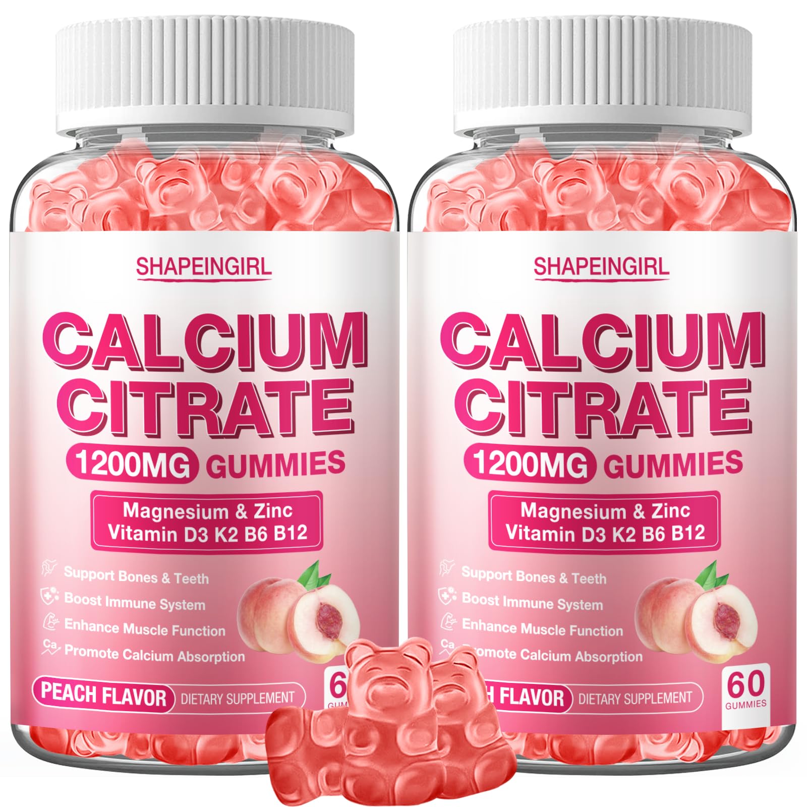 SHAPEINGIRL calcium citrate gummy bottle provides bone support and daily wellness with peach flavor