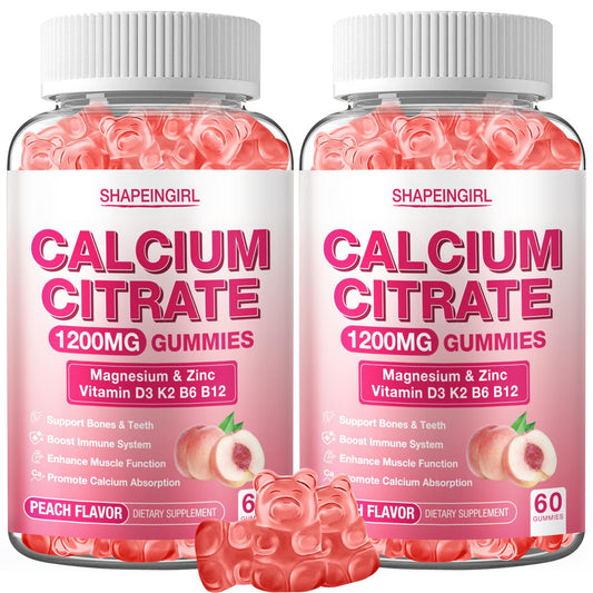 SHAPEINGIRL calcium citrate gummy bottle provides bone support and daily wellness with peach flavor