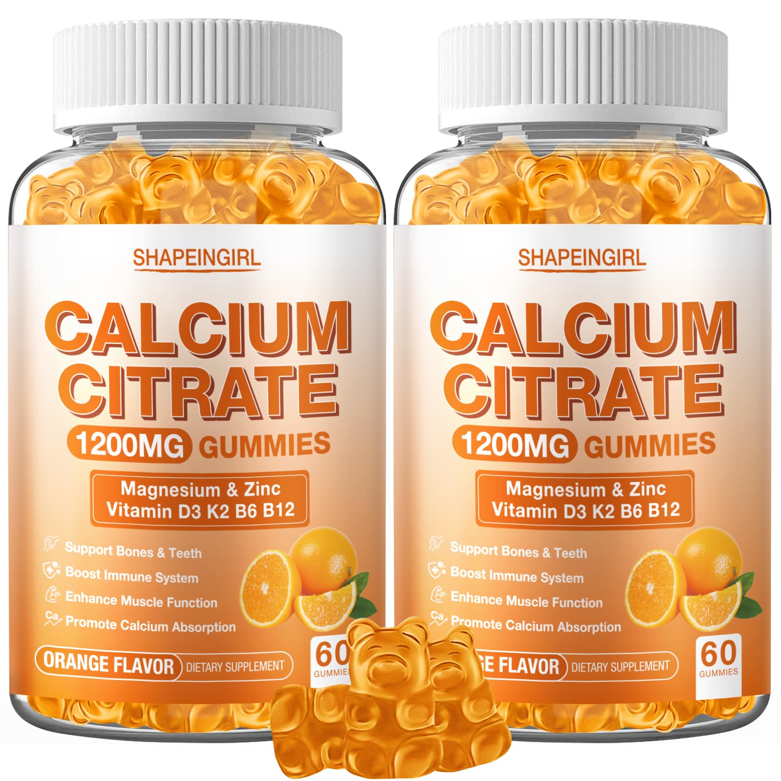 Shapeingirl 1200mg calcium citrate gummies bottle with orange flavor, vitamin D3 for bone support