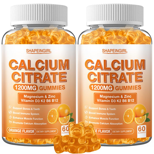 Shapeingirl 1200mg calcium citrate gummies bottle with orange flavor, vitamin D3 for bone support