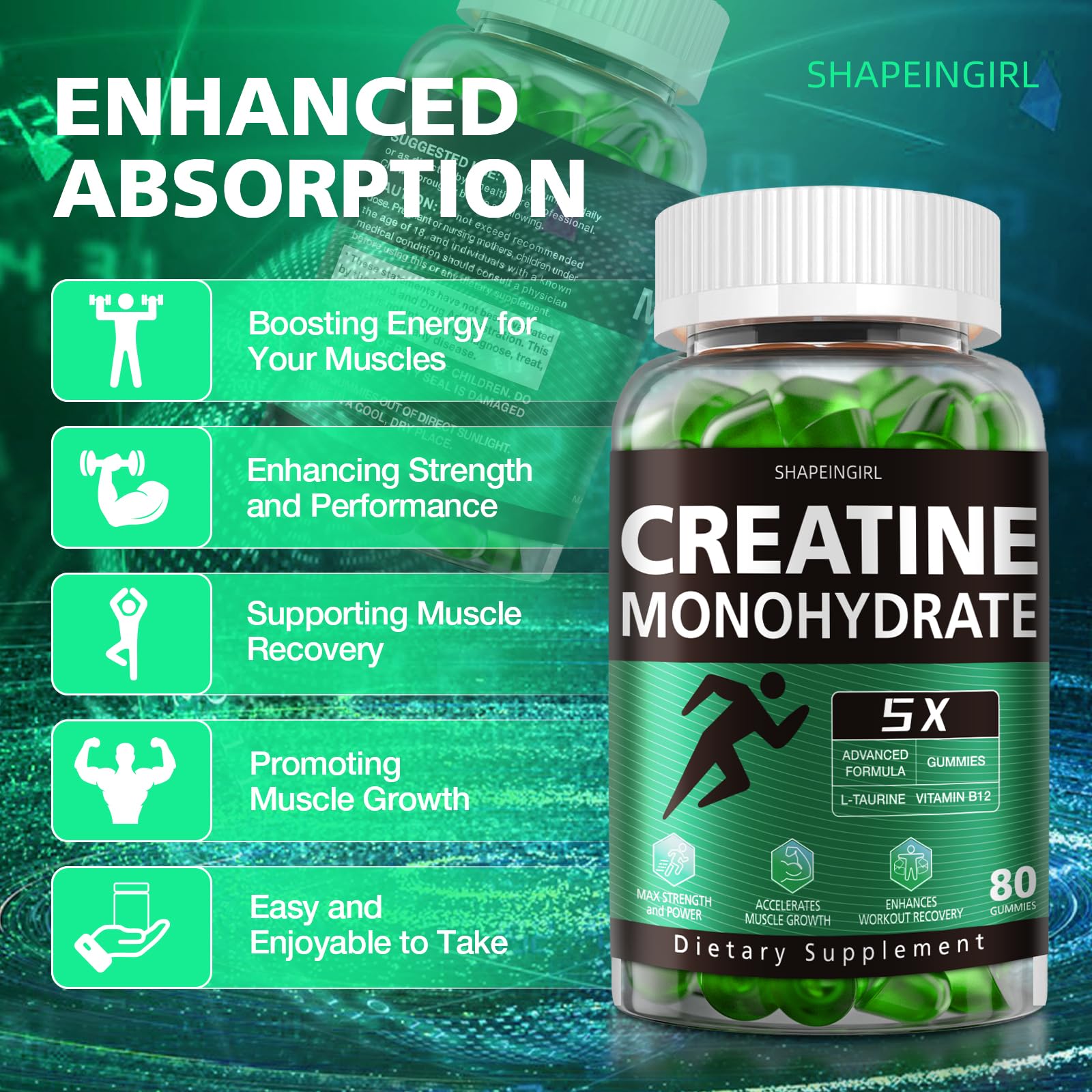 Shapeingirl Creatine Monohydrate Gummies packaging reveals clean vegan-friendly formula.
