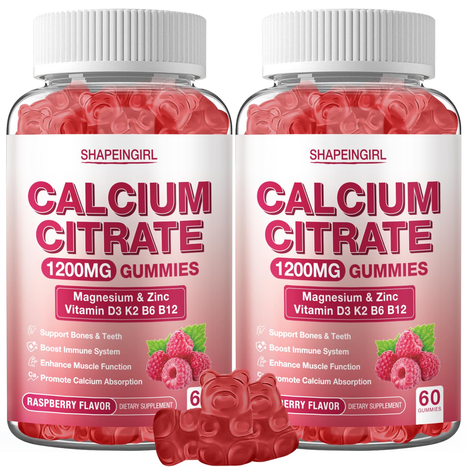 Shapeingirl raspberry-flavored calcium gummies with D3 and K2 for bone and immune support.