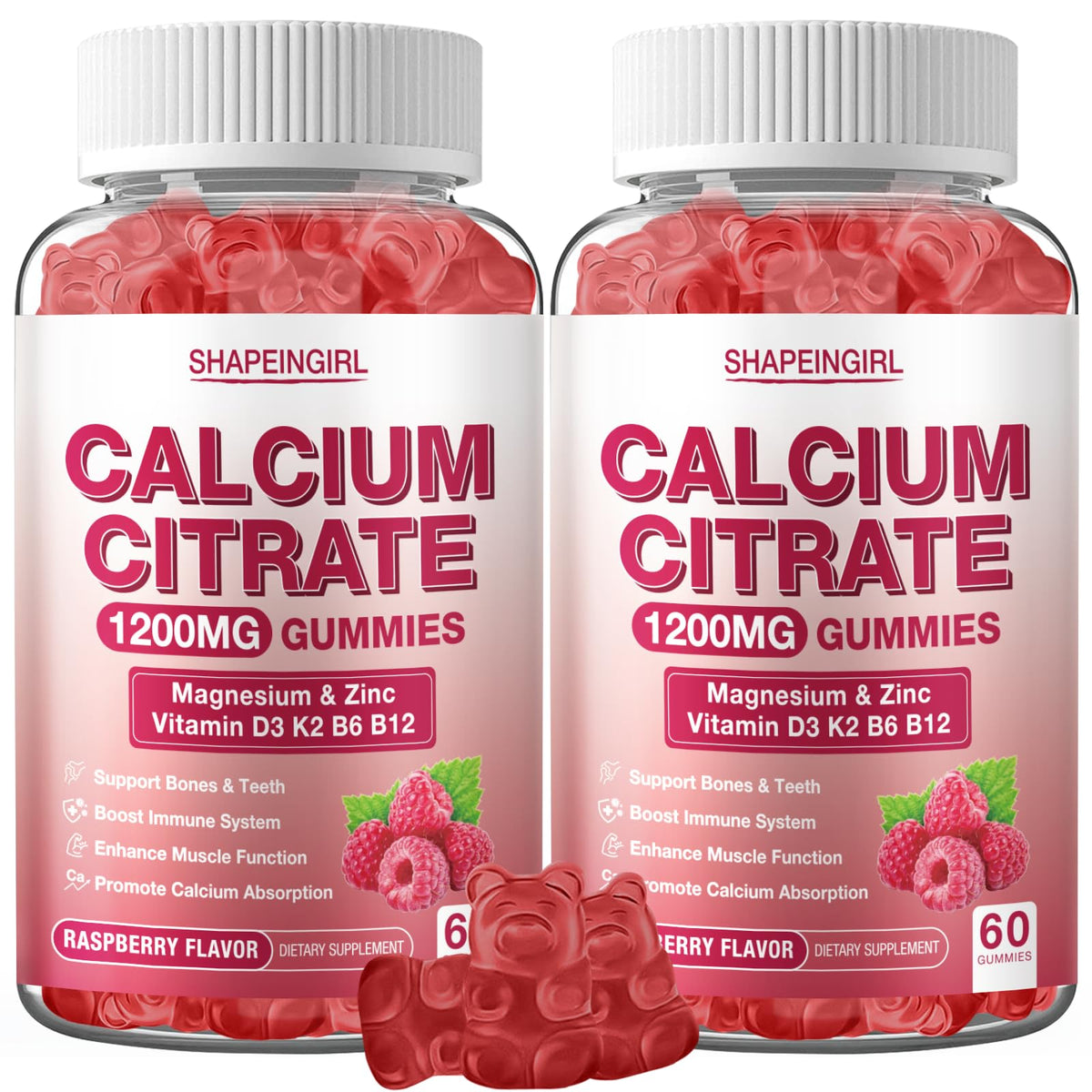 Shapeingirl raspberry-flavored calcium gummies with D3 and K2 for bone and immune support.