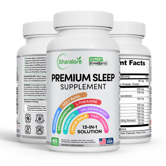 Sharalore 13-in-1 sleep aid bottle on shelf promotes calm evenings