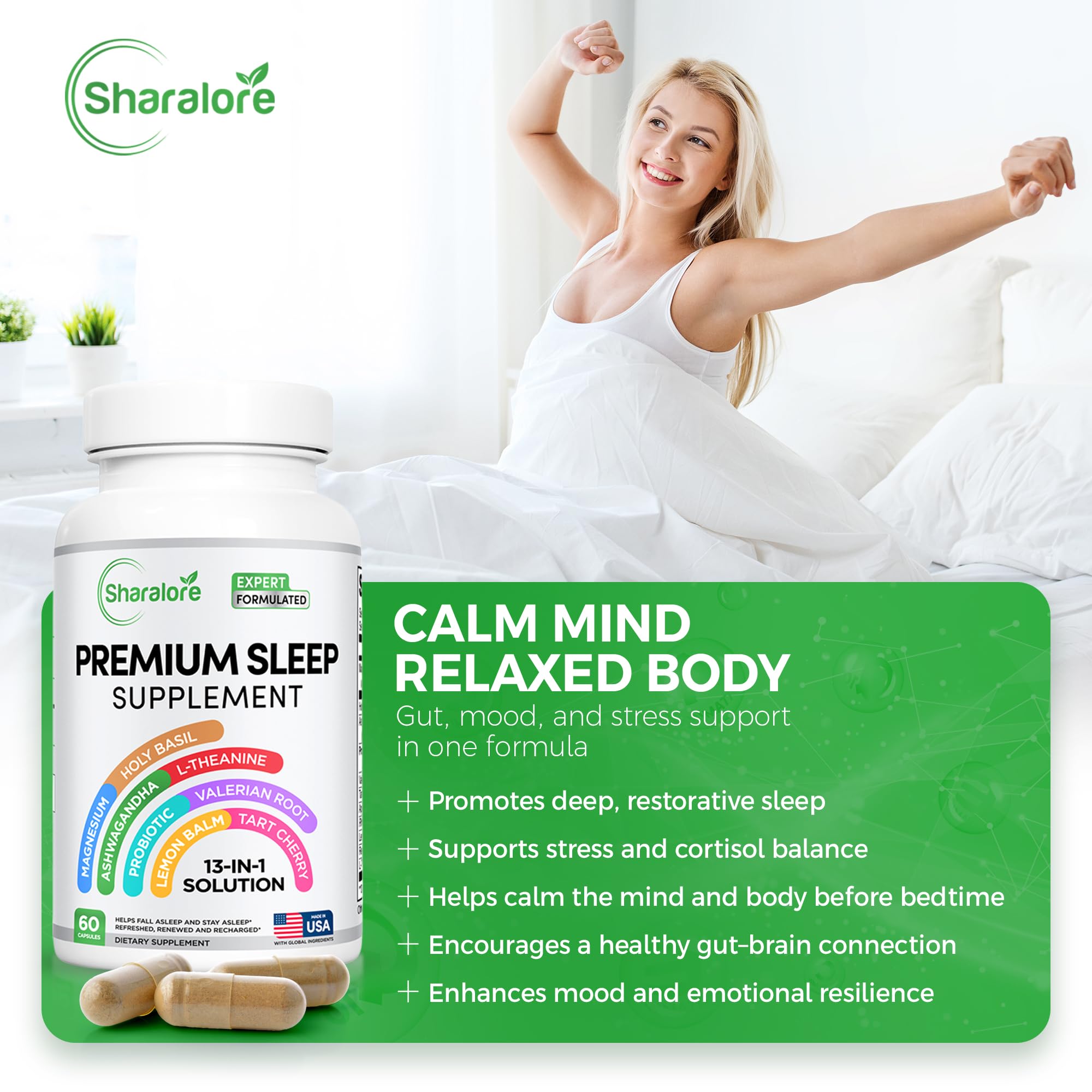 Sharalore sleep capsules close-up showing melatonin-free formula for restful nights