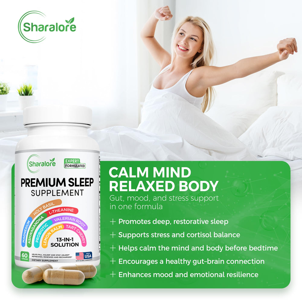 Sharalore sleep capsules close-up showing melatonin-free formula for restful nights