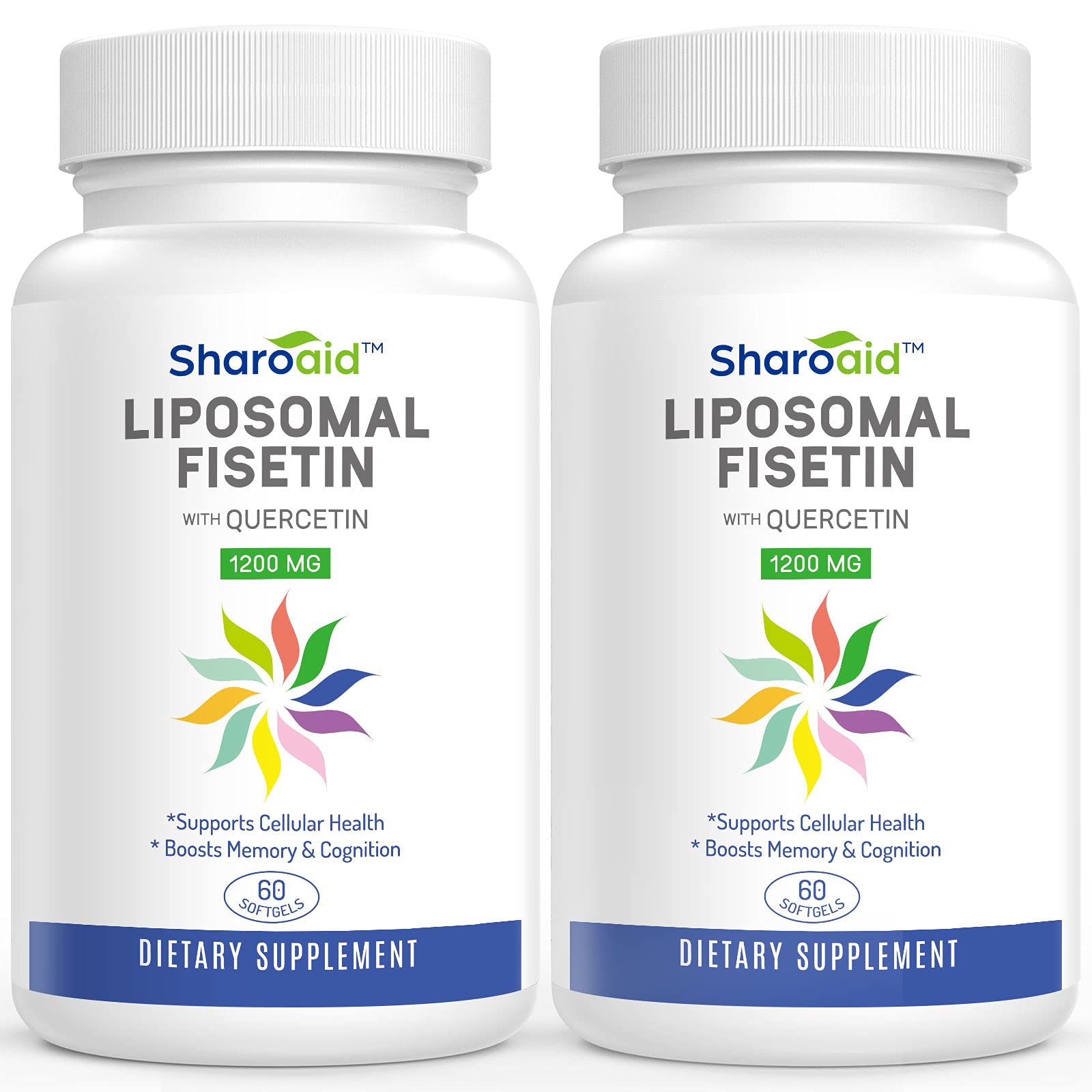Sharoaid liposomal fisetin quercetin bottle label highlights enhanced absorption.