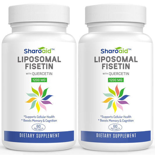 Sharoaid liposomal fisetin quercetin bottle label highlights enhanced absorption.