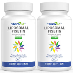 Sharoaid liposomal fisetin quercetin bottle label highlights enhanced absorption.
