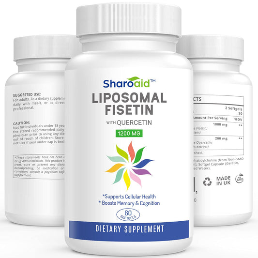 Sharoaid liposomal fisetin-quercetin bottle front shows premium antioxidant blend for daily wellness.