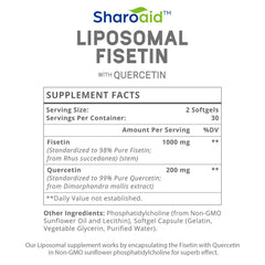 Sharoaid liposomal fisetin-quercetin daily-use setup highlights two-softgel serving.