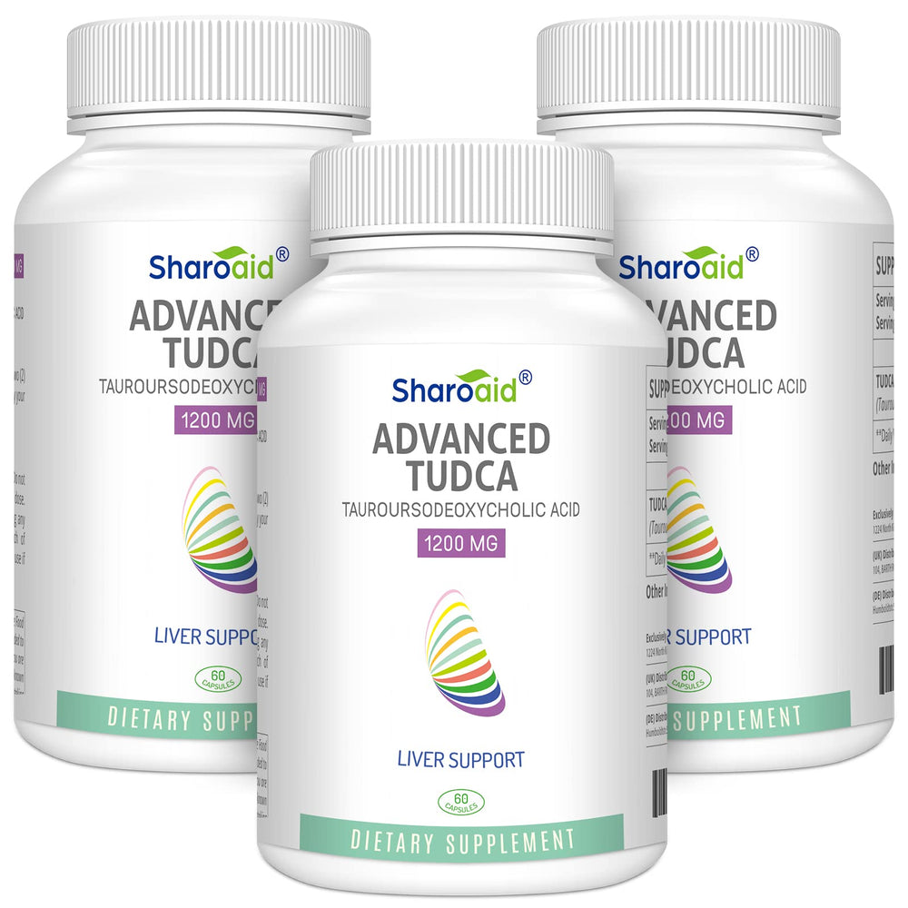 Sharoaid Tudca bottle-front view highlighting premium liver support formula.