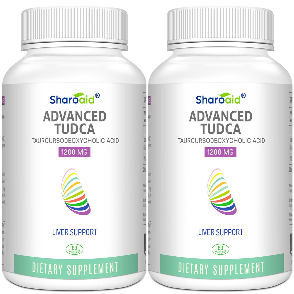 Sharoaid TUDCA liver support bottle front view highlighting high potency 1200 mg