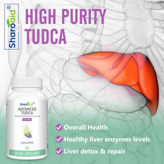 Sharoaid Tudca vegan capsules beside fresh vegetables