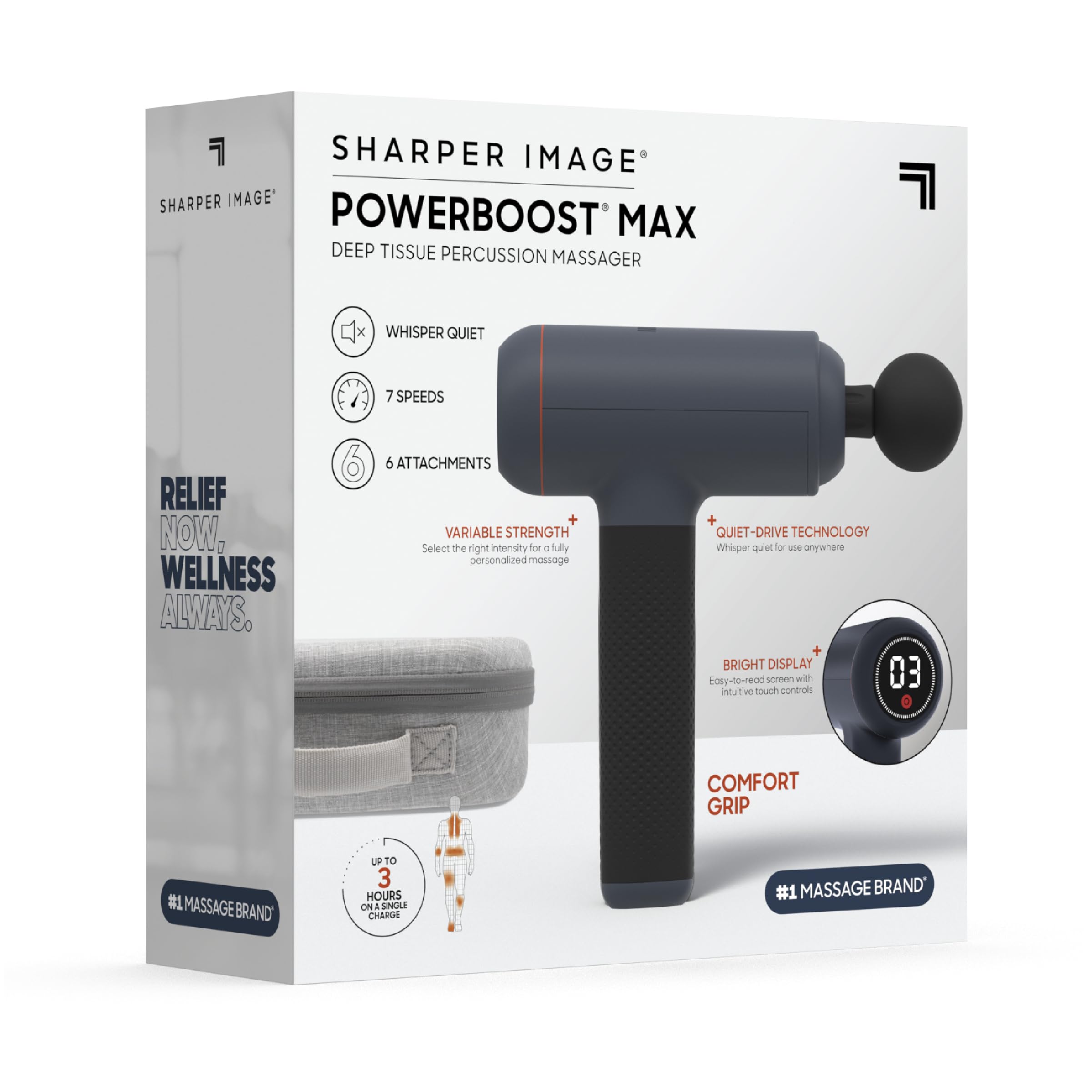 Sharper Image blue finish adds modern style to portable massage tool.