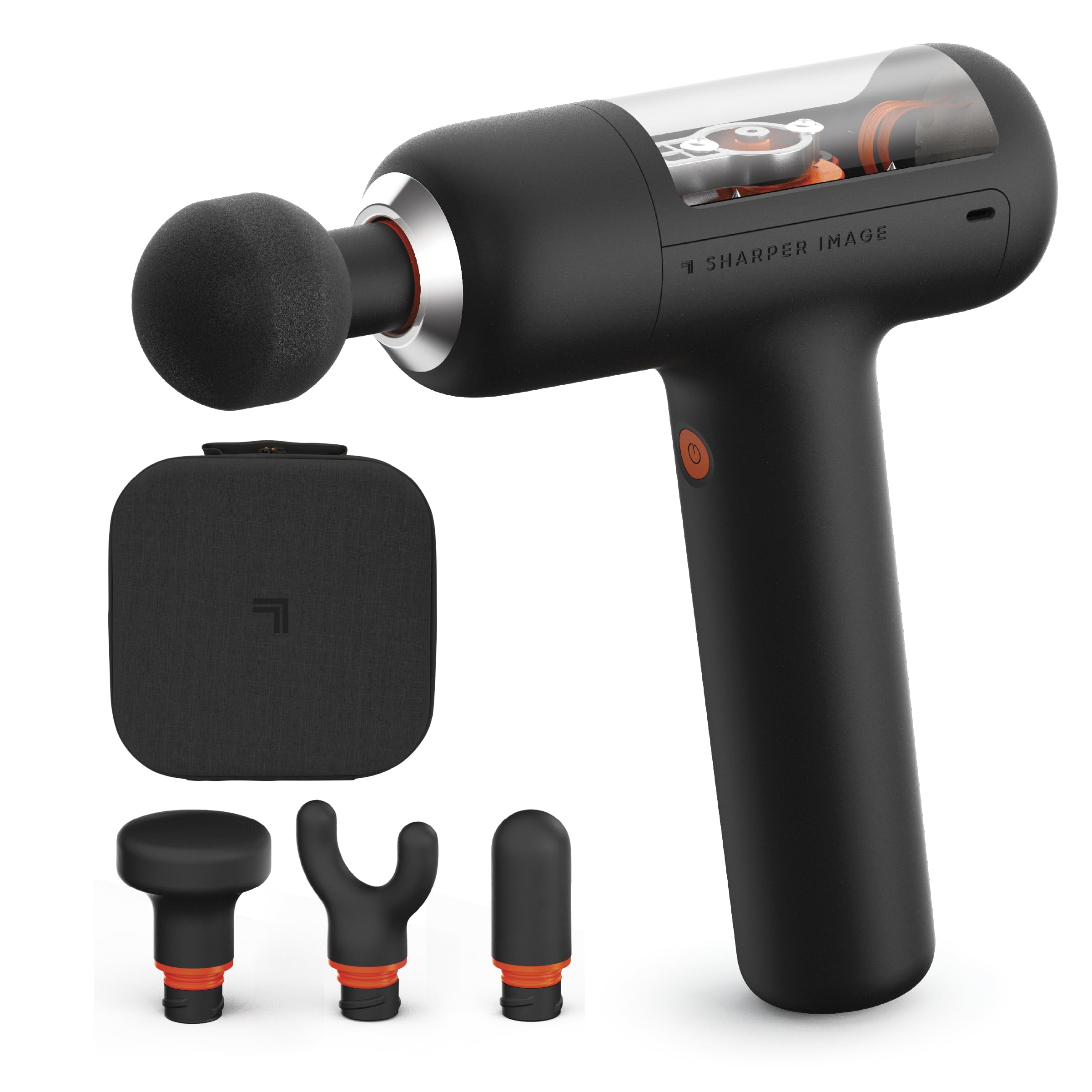 Sharper Image PowerBoost massage gun in hand with ergonomic grip for easy muscle relief
