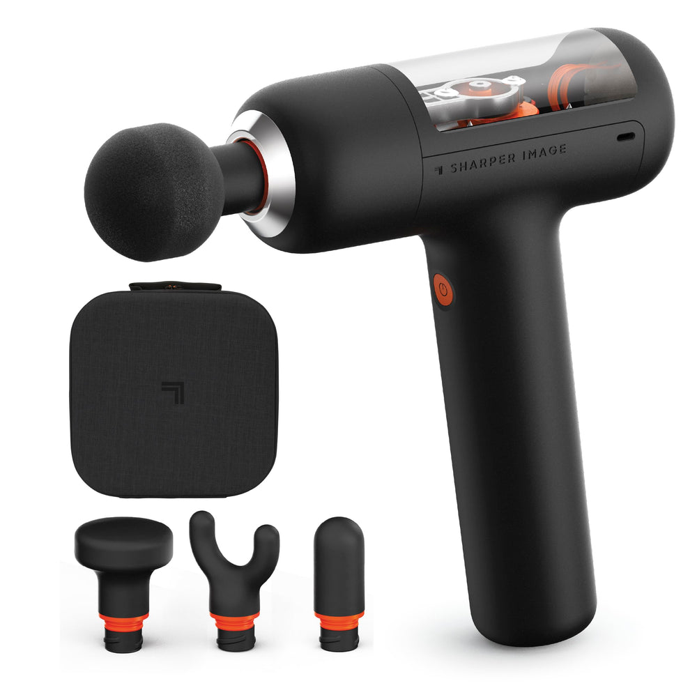 Sharper Image PowerBoost massage gun in hand with ergonomic grip for easy muscle relief