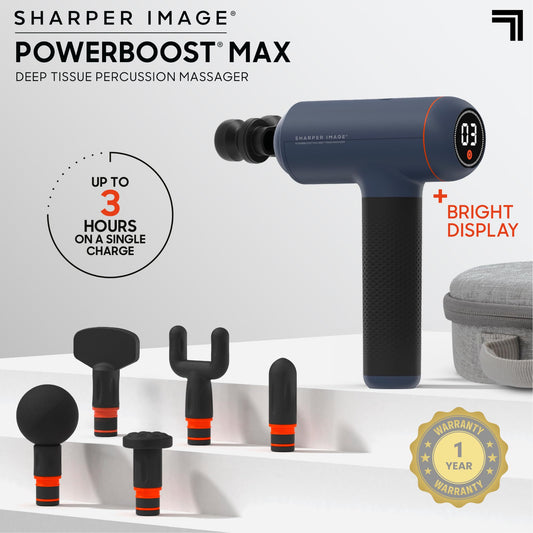 Sharper Image PowerBoost Max handheld massager with rechargeable battery for on-the-go therapy.