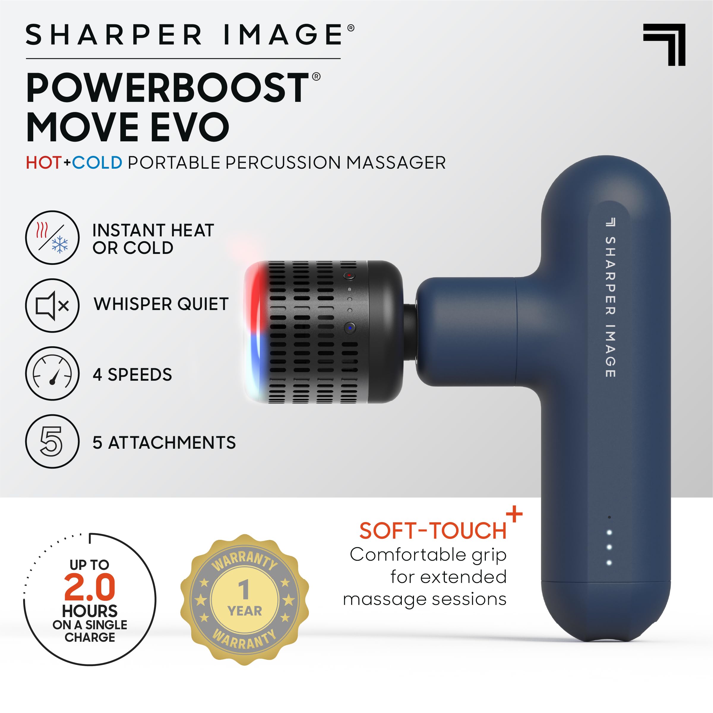 Sharper Image Powerboost Move Evo demonstrates hot and cold therapy for versatile recovery sessions.