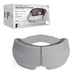 Sharper Image RealTouch Eye Mask in use with eye-area coverage for cooling and compression comfort.