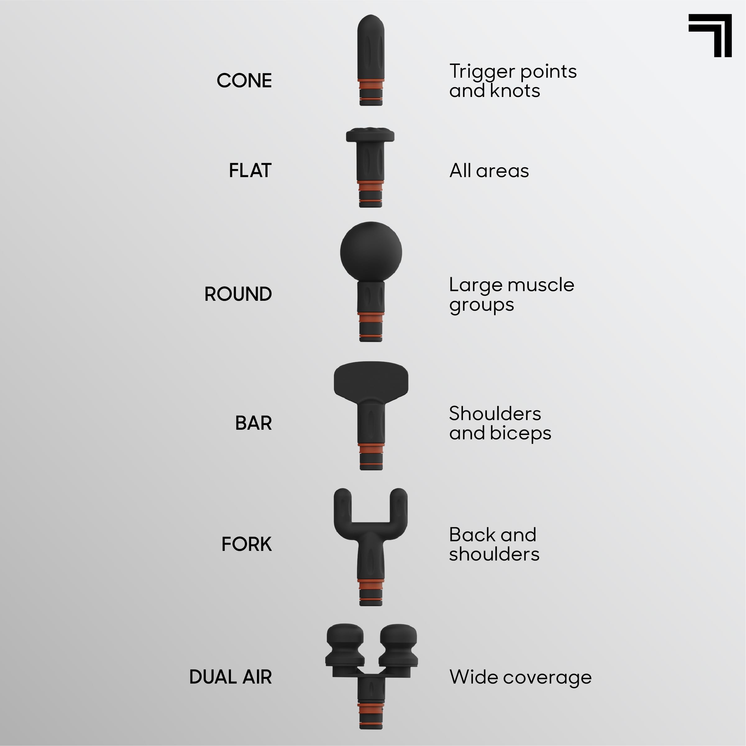 Sharper Image six attachment heads including round, flat, bar, and cone for versatile massage.
