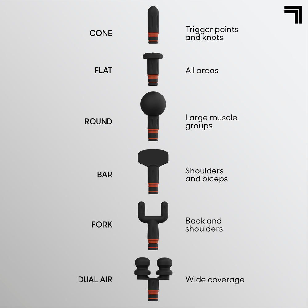 Sharper Image six attachment heads including round, flat, bar, and cone for versatile massage.