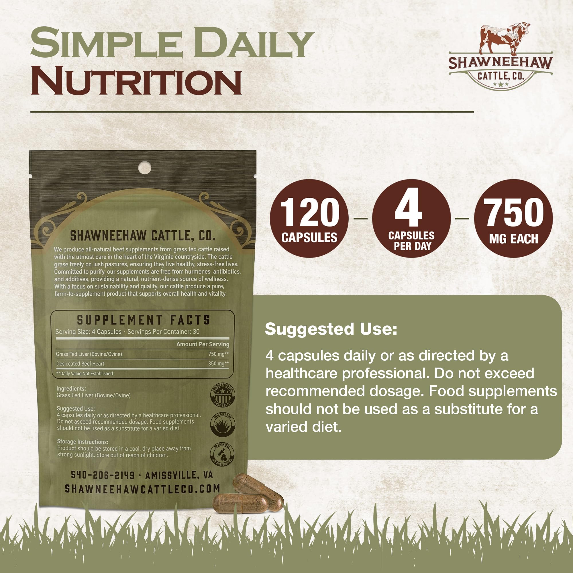 Shawneehaw Cattle liver supplement bottle back, nutrition details and ingredients.
