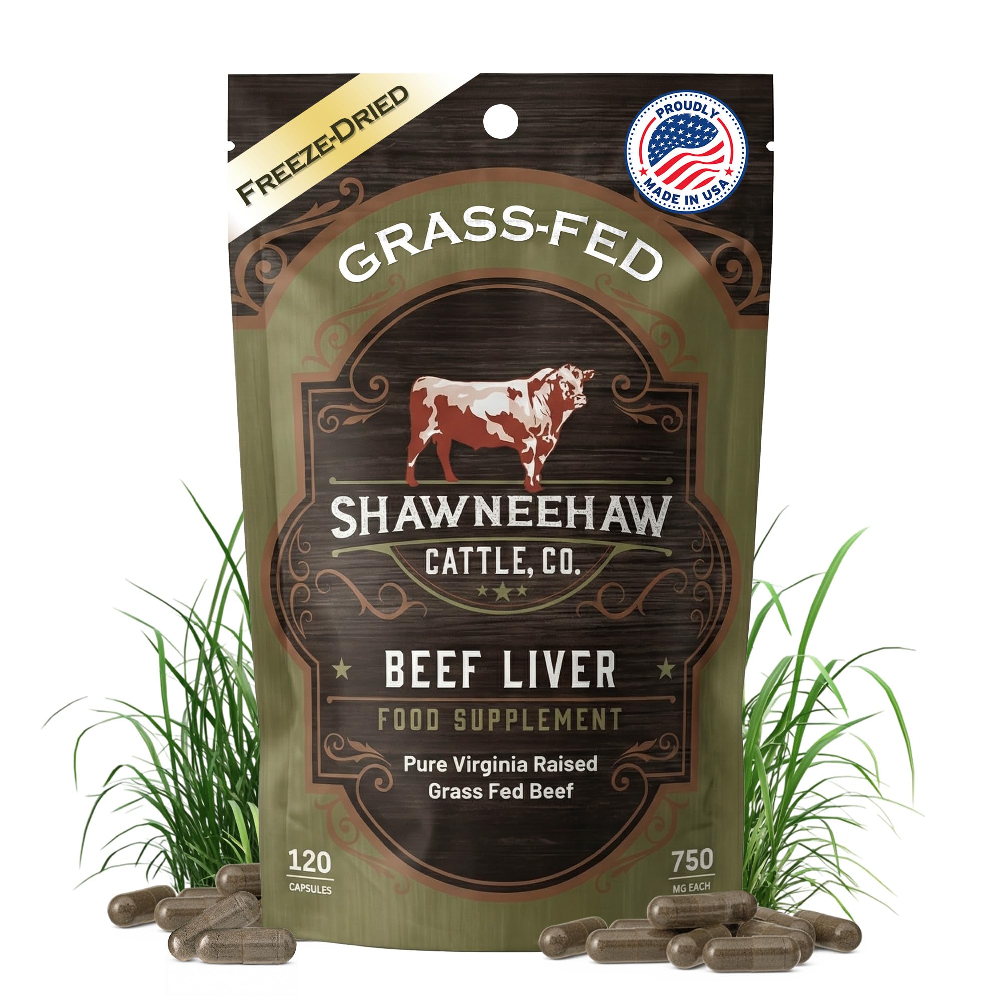 Shawneehaw Cattle liver supplement bottle front, freeze-dried capsules for energy support.